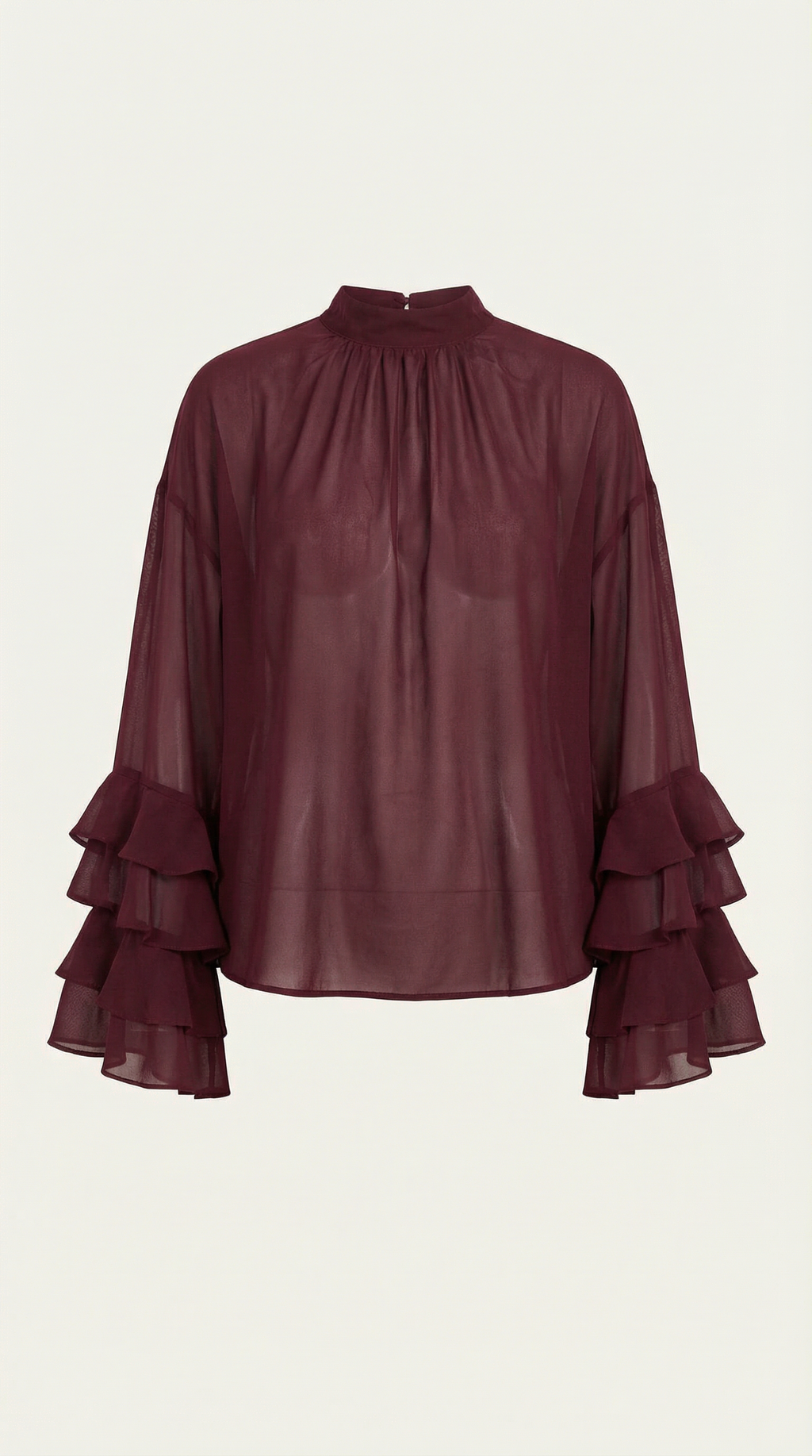 Burgundy sheer high mock-neck blouse with ruffle cuffs and voluminous bell sleeves