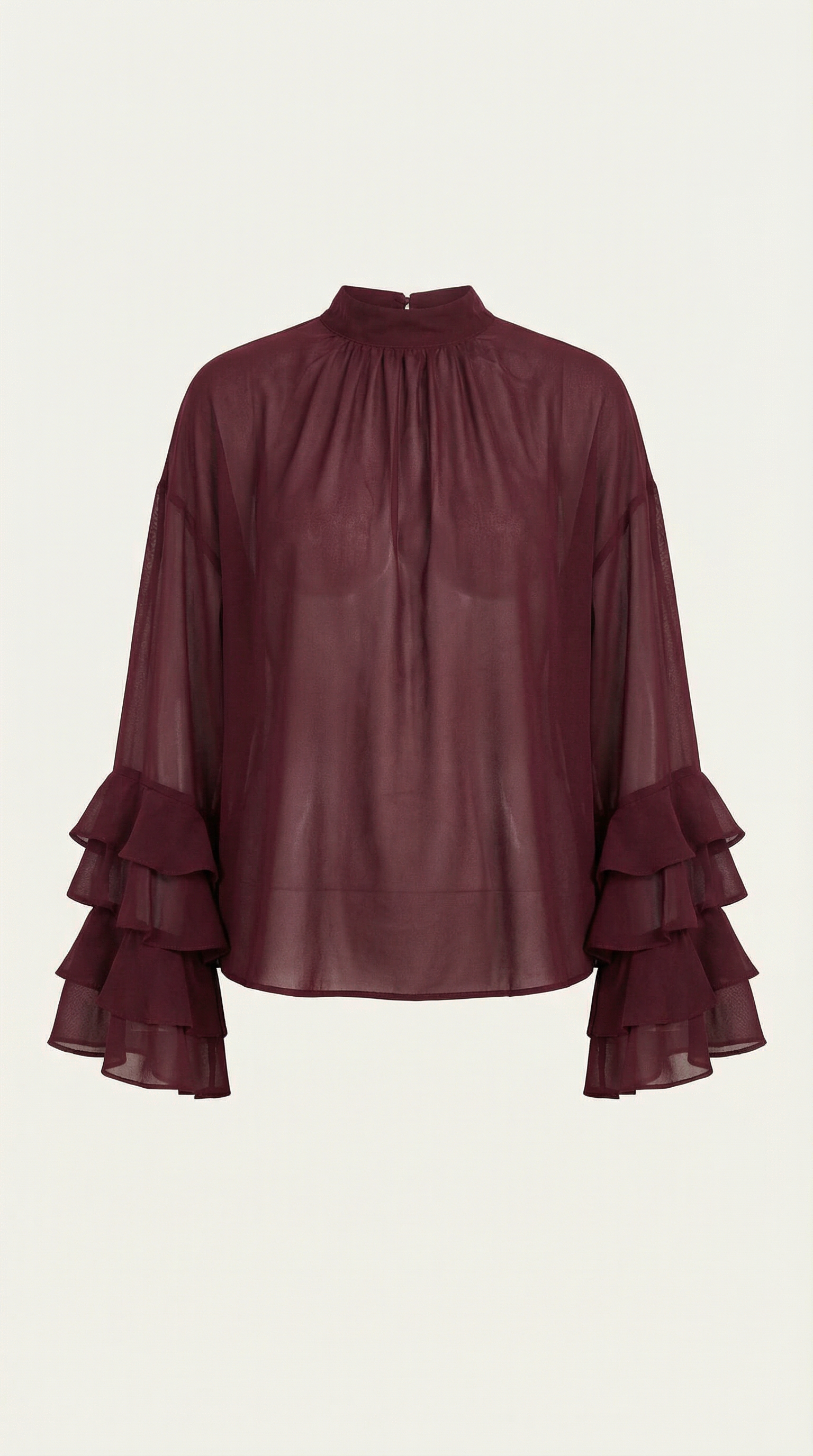Burgundy sheer high mock-neck blouse with ruffle cuffs and voluminous bell sleeves