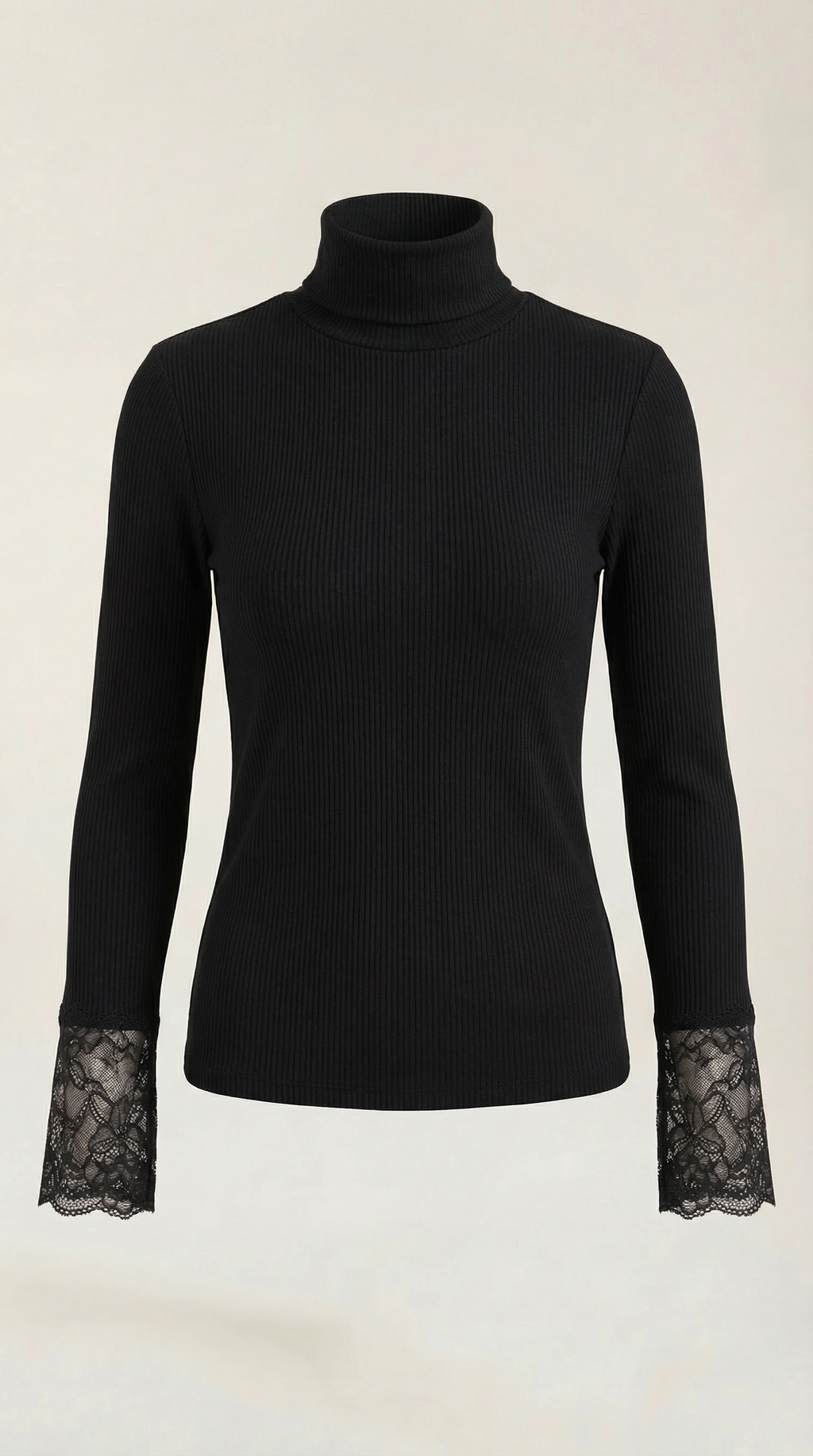 Black ribbed turtleneck top with lace cuff sleeves