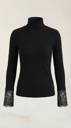 Black ribbed turtleneck top with lace cuff sleeves