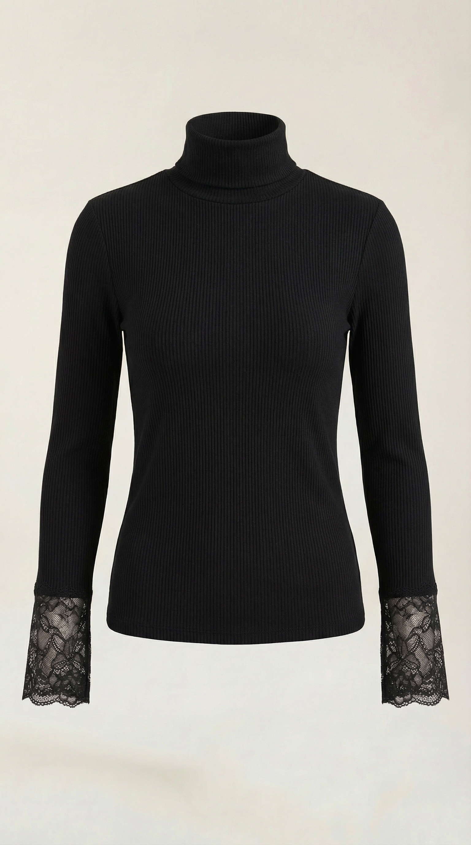 Black ribbed turtleneck top with lace cuff sleeves