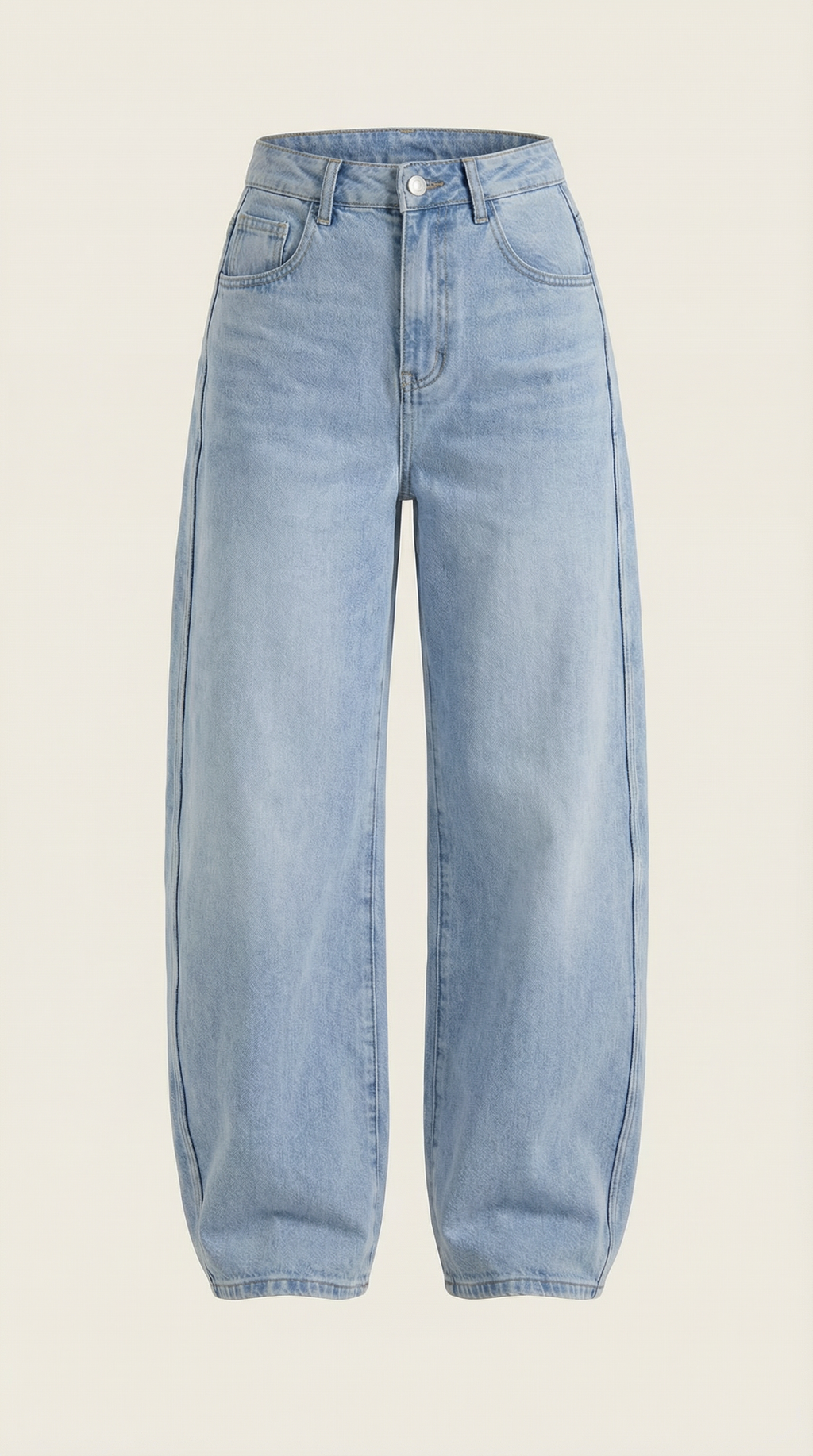 Women’s wide-leg jeans in light blue denim, front view with button closure and pockets.
