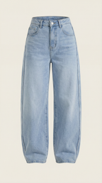 Women’s wide-leg jeans in light blue denim, front view with button closure and pockets.