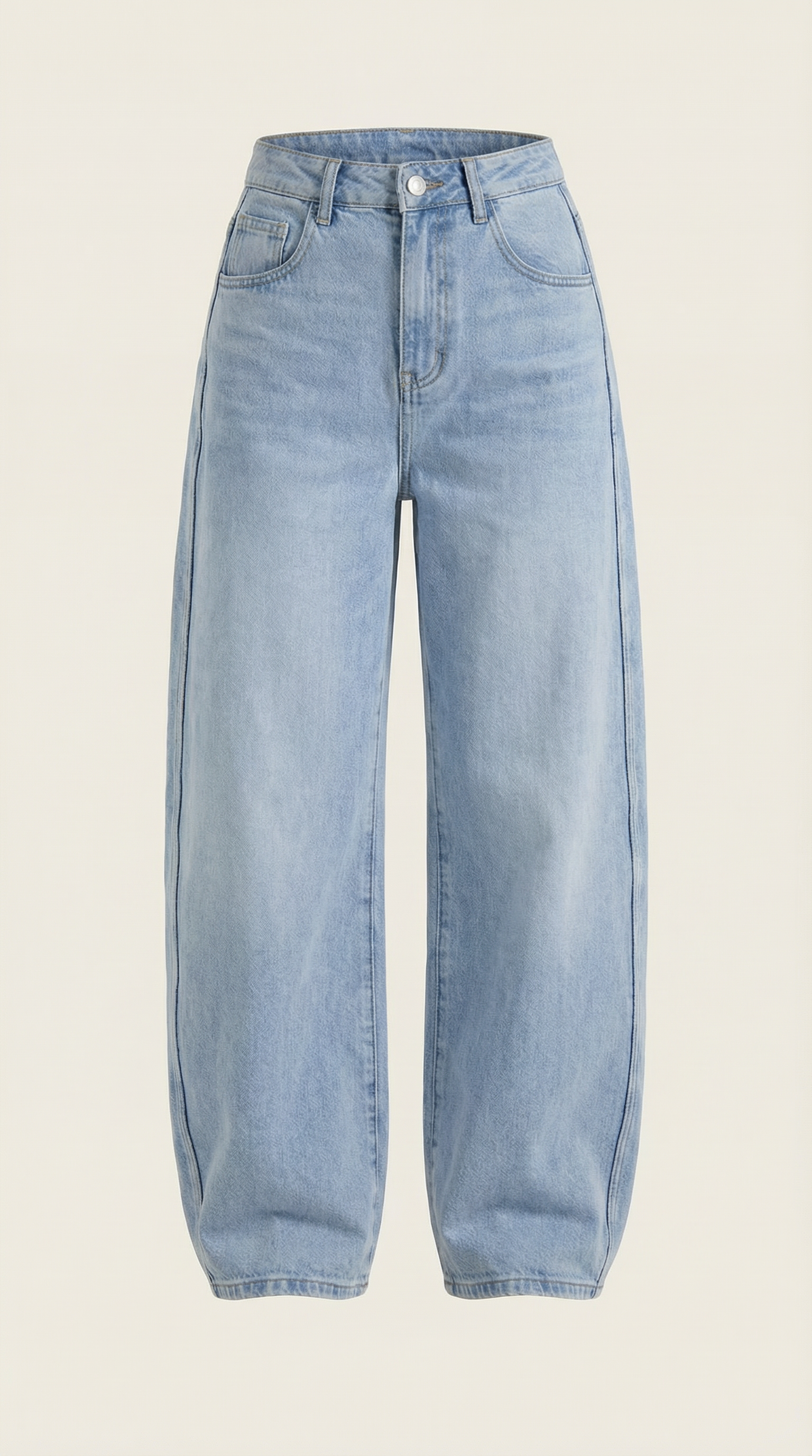 Women’s wide-leg jeans in light blue denim, front view with button closure and pockets.