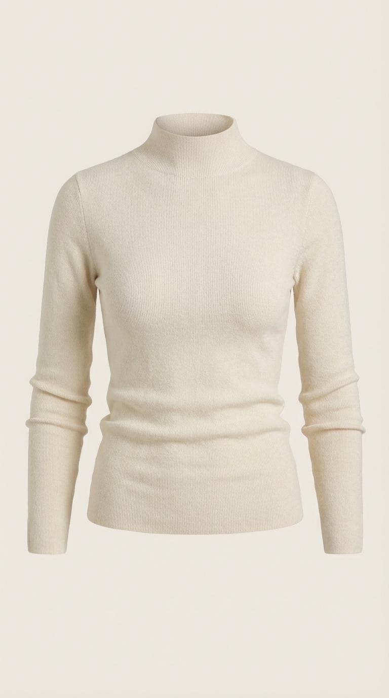 Beige cotton mock neck top, long sleeves and fitted knit look