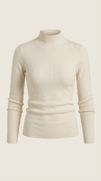 Beige cotton mock neck top, long sleeves and fitted knit look