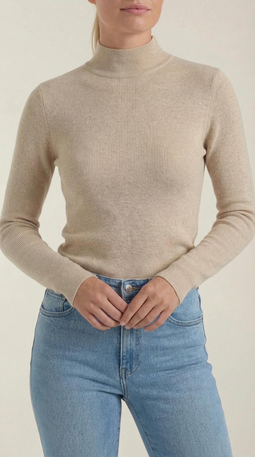 Women's cotton mock neck top, beige knit with long sleeves