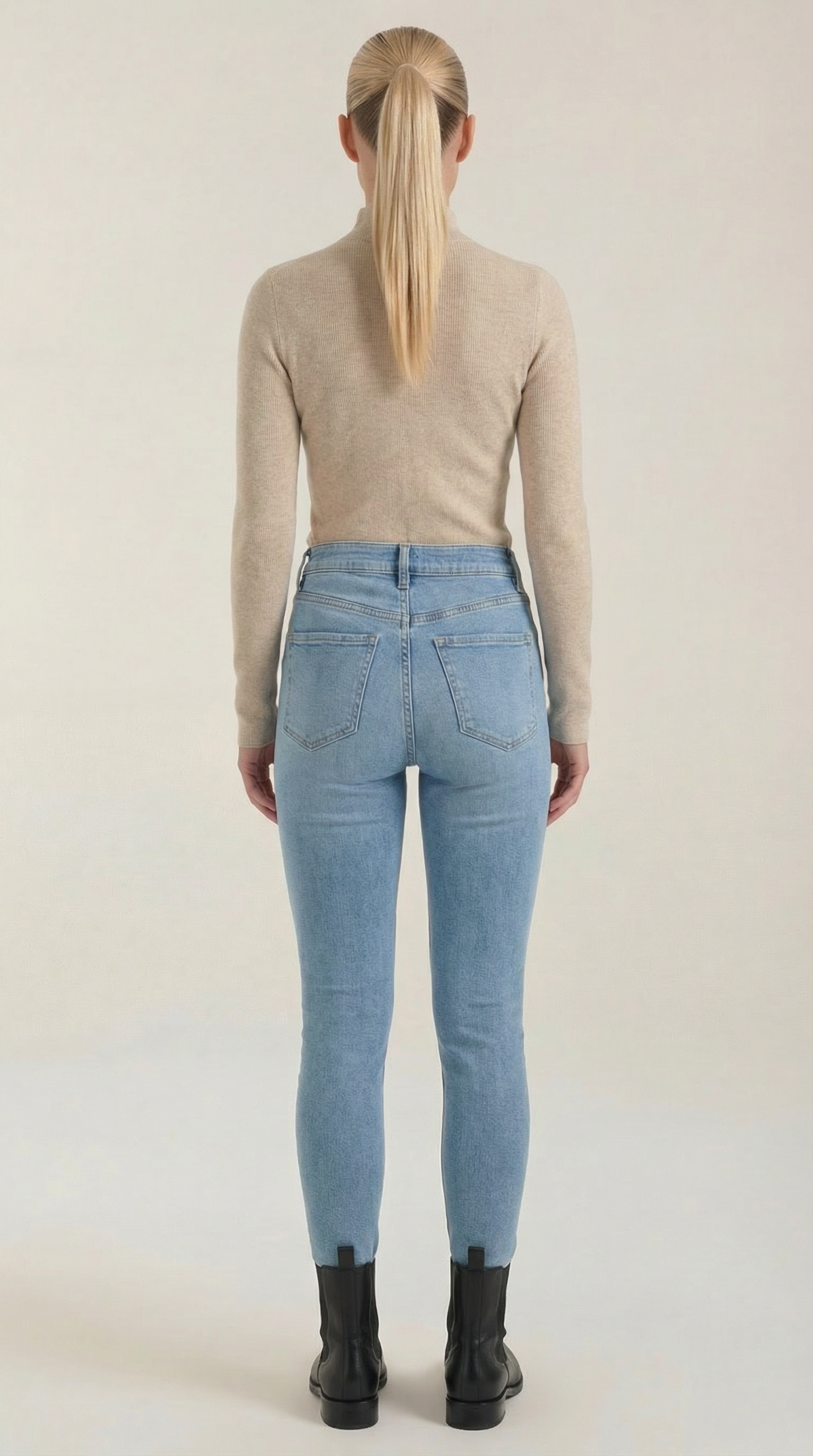 Cotton mock neck top, beige knit with long sleeves, back