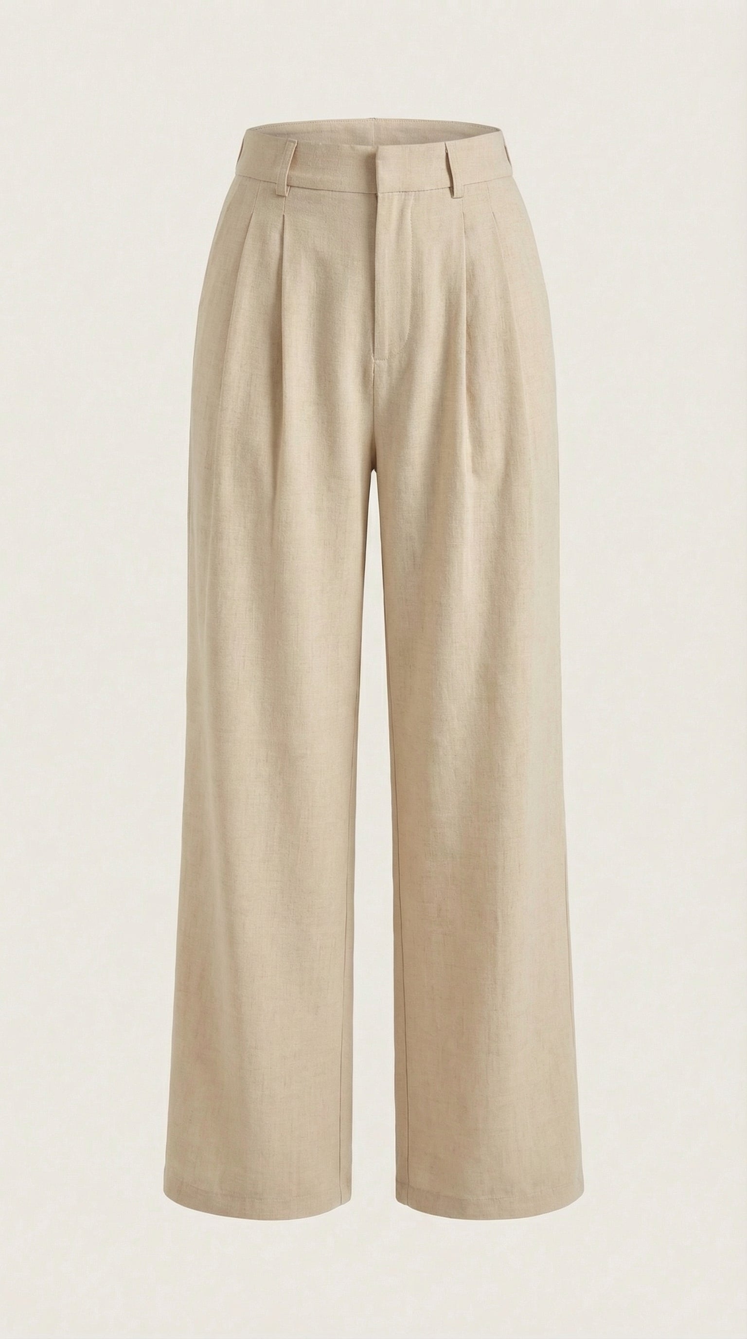 Women’s pleated high-rise wide-leg pants, light beige with straight wide legs