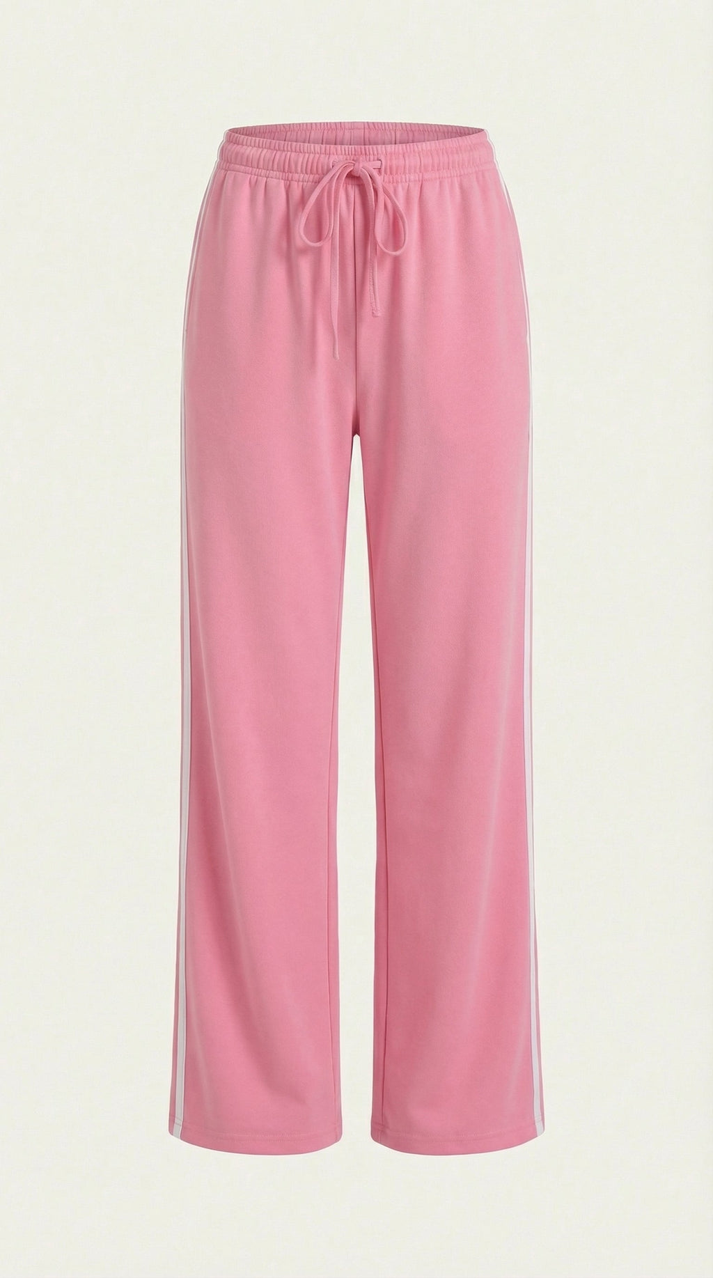 Pink wide-leg track pants with white side stripes and elastic drawstring waist