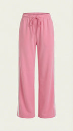 Pink wide-leg track pants with white side stripes and elastic drawstring waist