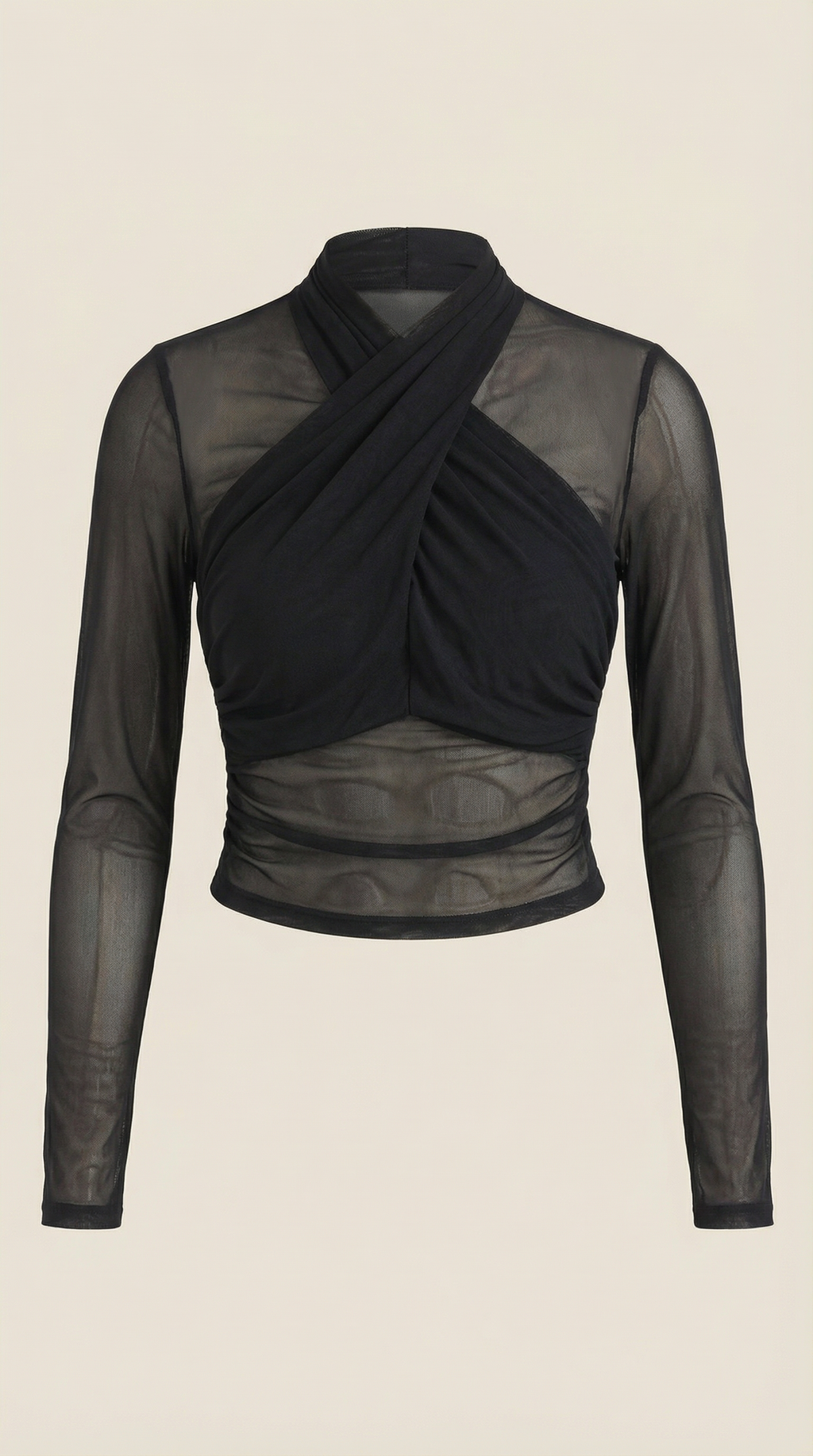 Black sheer wrap mesh top with crisscross wrap front and long sleeves