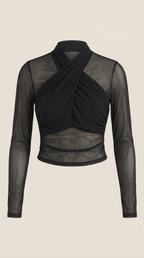 Black sheer wrap mesh top with crisscross wrap front and long sleeves