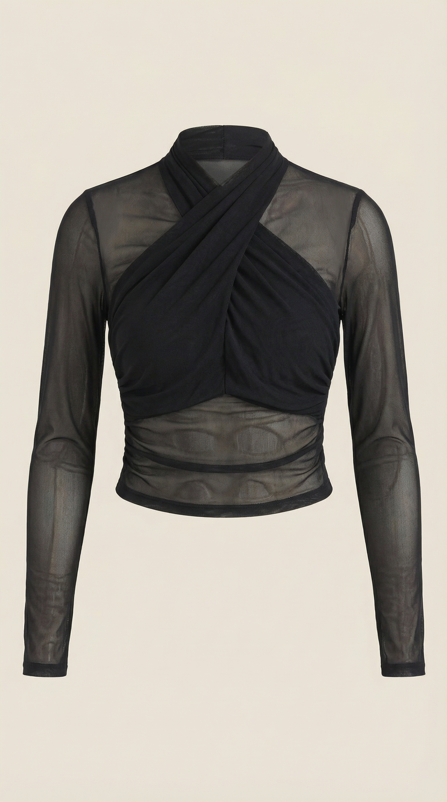 Black sheer wrap mesh top with crisscross wrap front and long sleeves