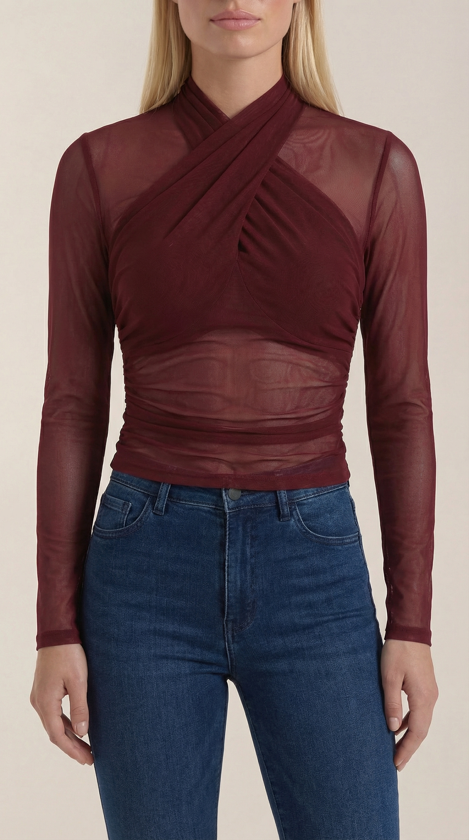 Burgundy sheer wrap mesh top with draped cross neckline and long sleeves
