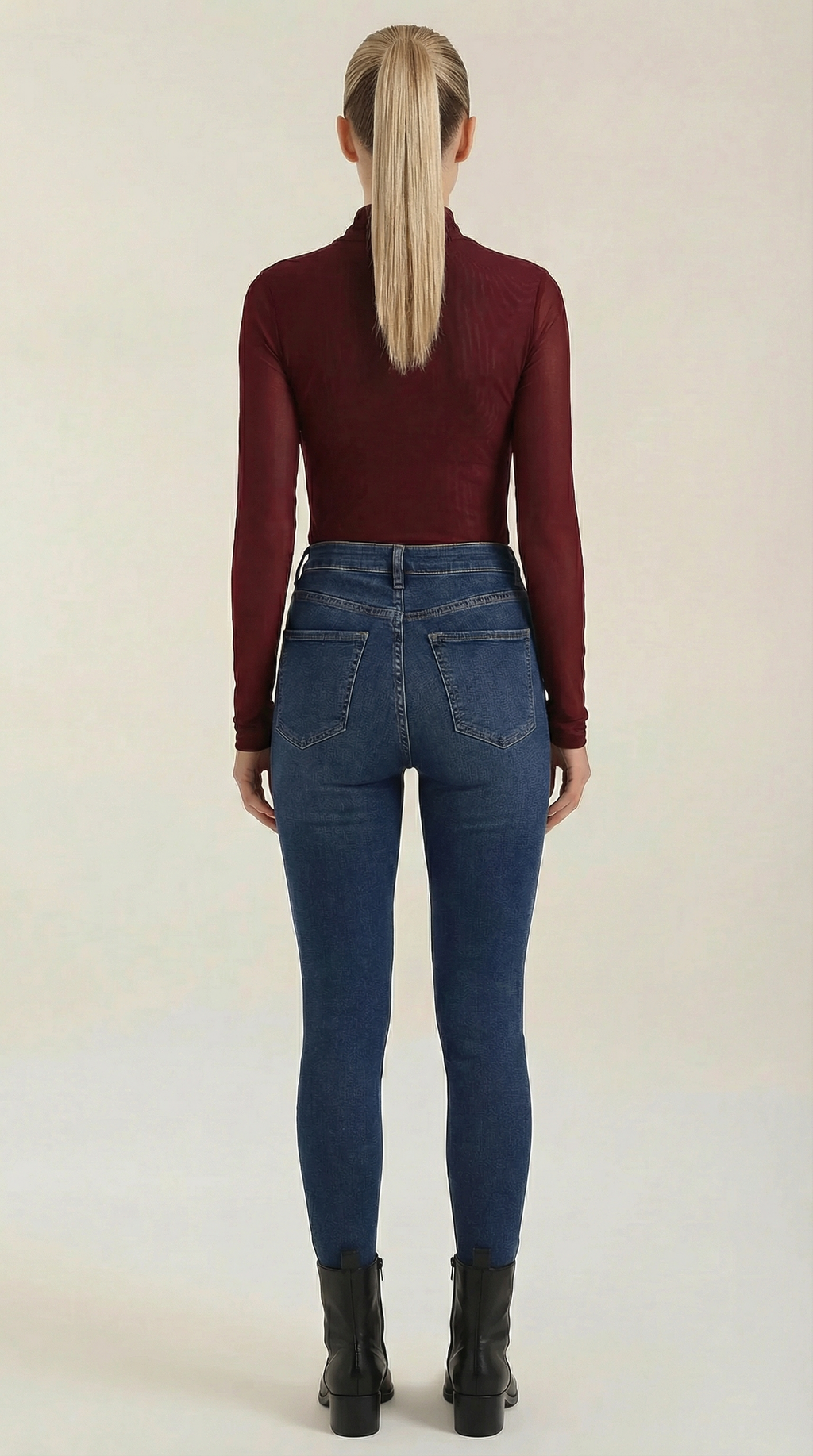 Burgundy sheer wrap mesh top with long sleeves and open back drape