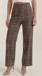 High-waisted brown plaid trousers with wide-leg silhouette and belt loops