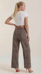 High-waisted brown plaid trousers, back view, wide legs with belt loops