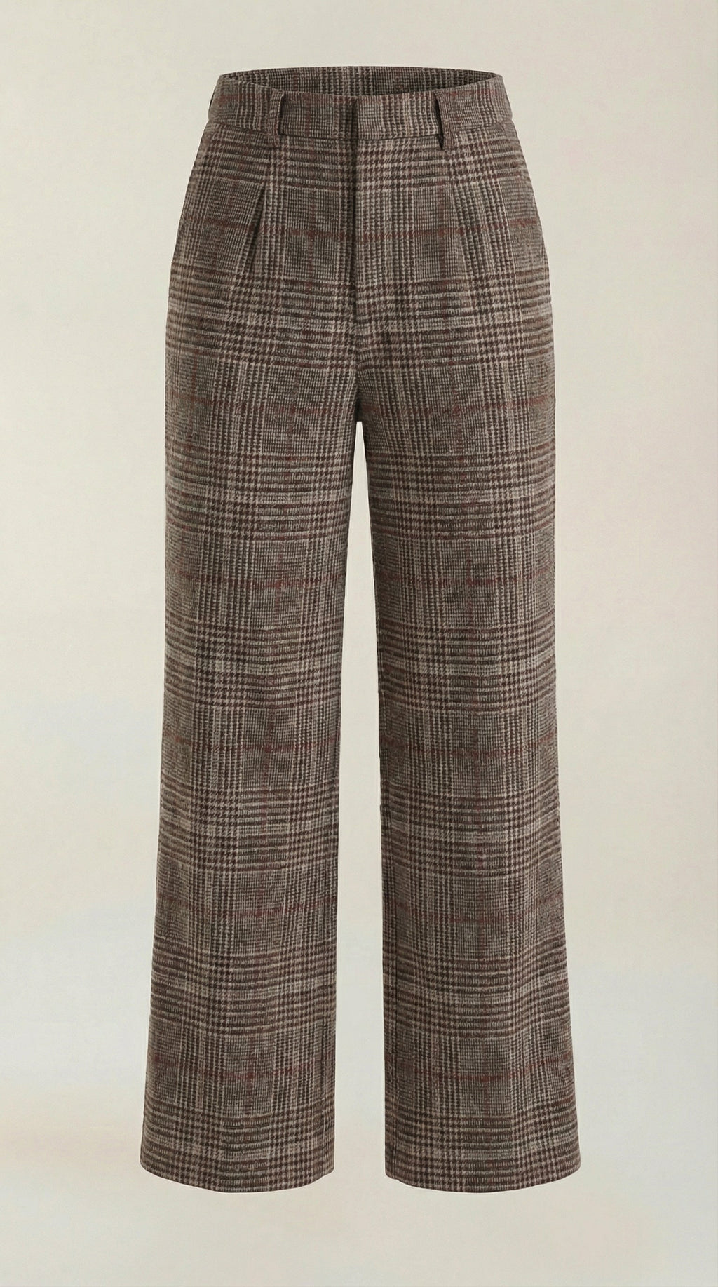 High-waisted brown plaid trousers with wide legs and belt loops