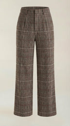 High-waisted brown plaid trousers with wide legs and belt loops