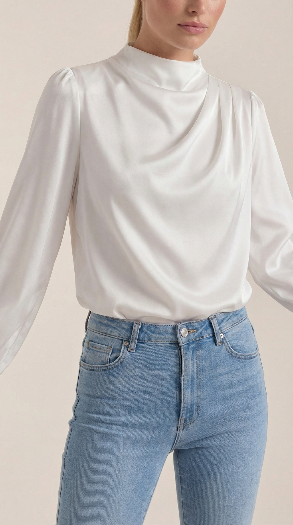 Draped long-sleeve blouse in white with cowl neckline and soft drape front