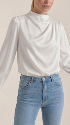 Draped long-sleeve blouse in white with cowl neckline and soft drape front