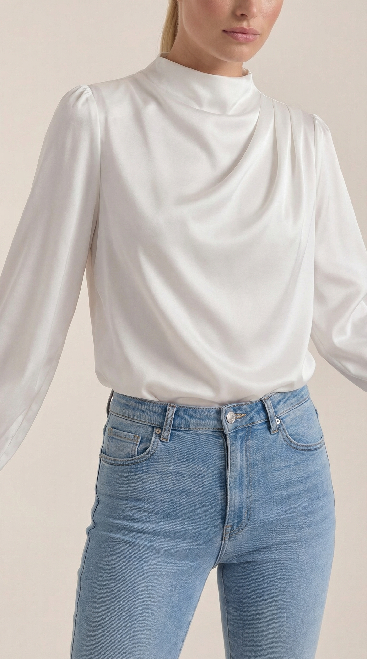 Draped long-sleeve blouse in white with cowl neckline and soft drape front