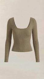 Women’s scoop neck long sleeve top in khaki/olive, fitted silhouette