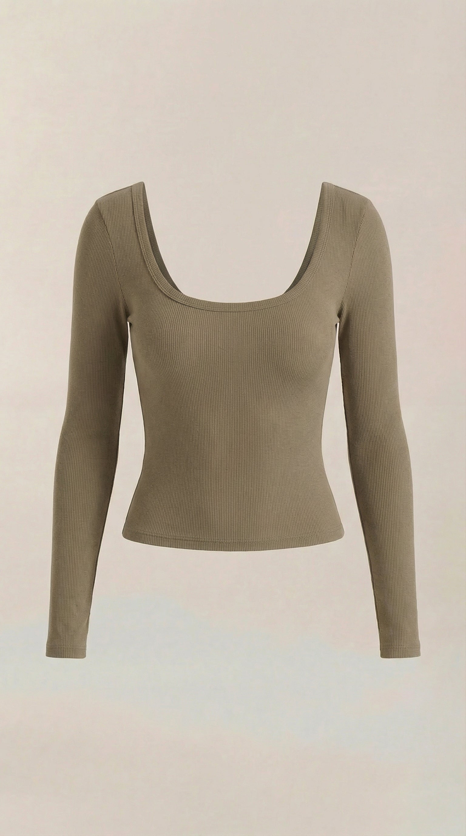 Women’s scoop neck long sleeve top in khaki/olive, fitted silhouette