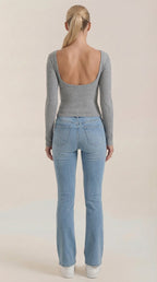 Women’s scoop neck long sleeve top in gray, scoop back neckline