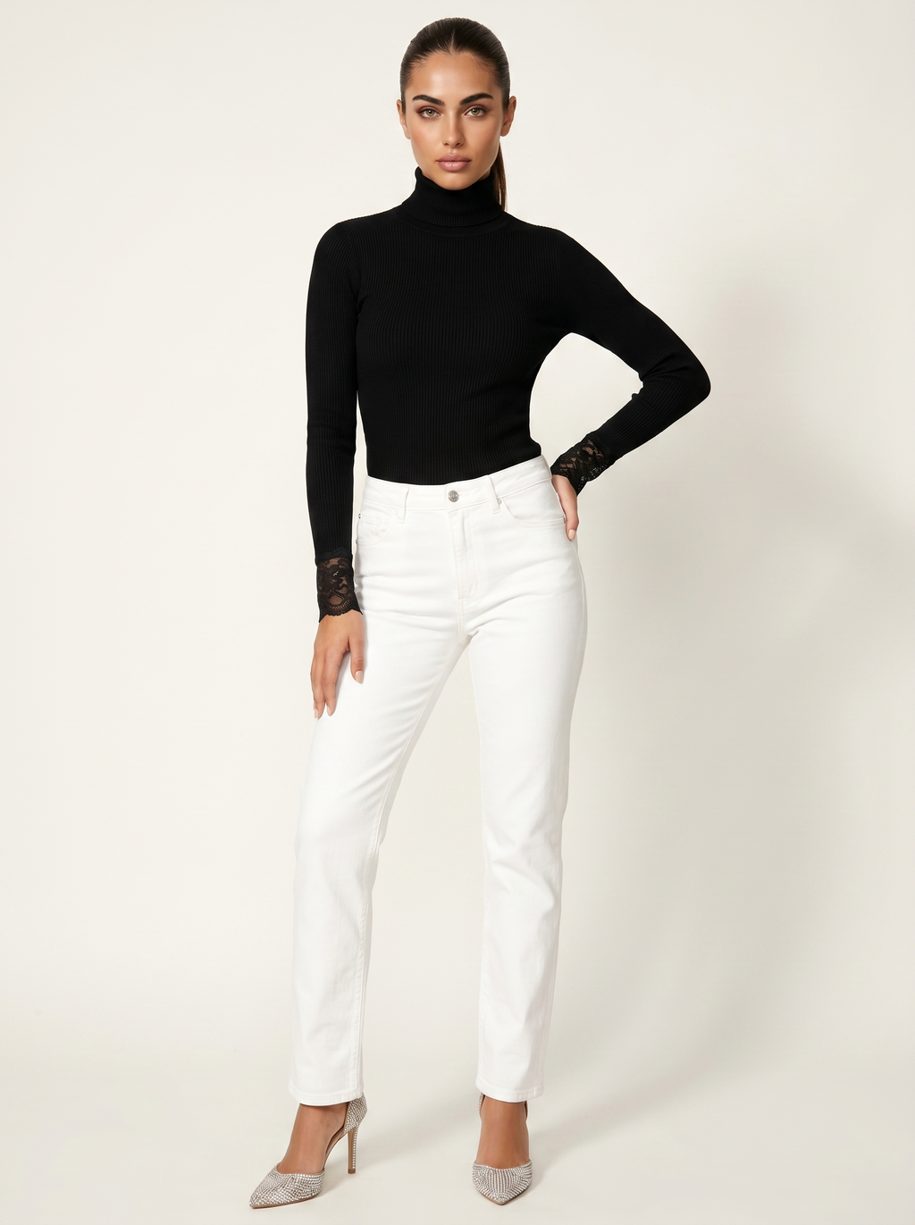 Black ribbed turtleneck sweater with lace cuffs and long sleeves