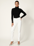 Black ribbed turtleneck sweater with lace cuffs and long sleeves