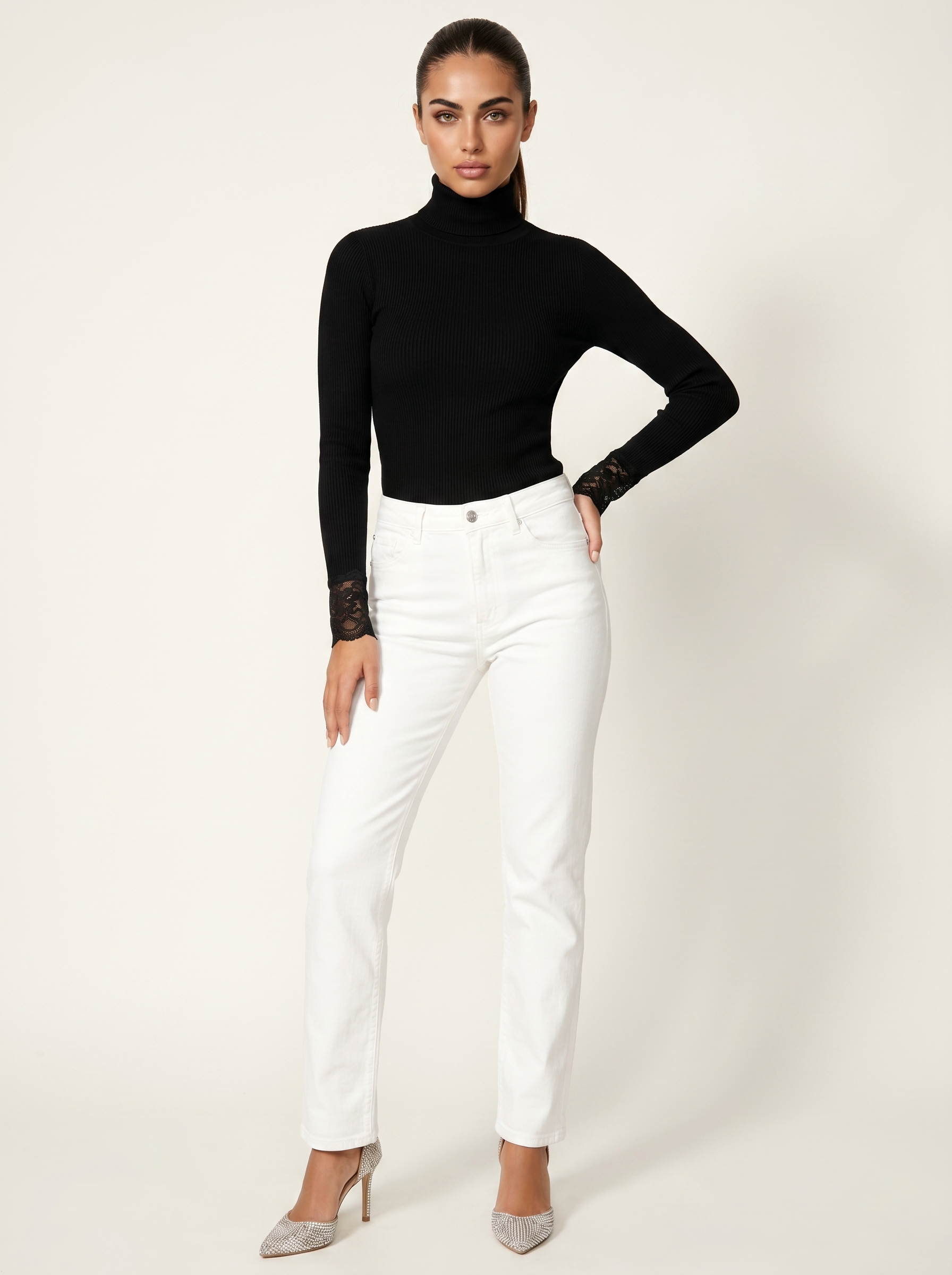 Black ribbed turtleneck sweater with lace cuffs and long sleeves