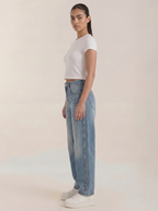 Women’s wide-leg jeans in light blue wash, button fly, belt loops, side pockets.