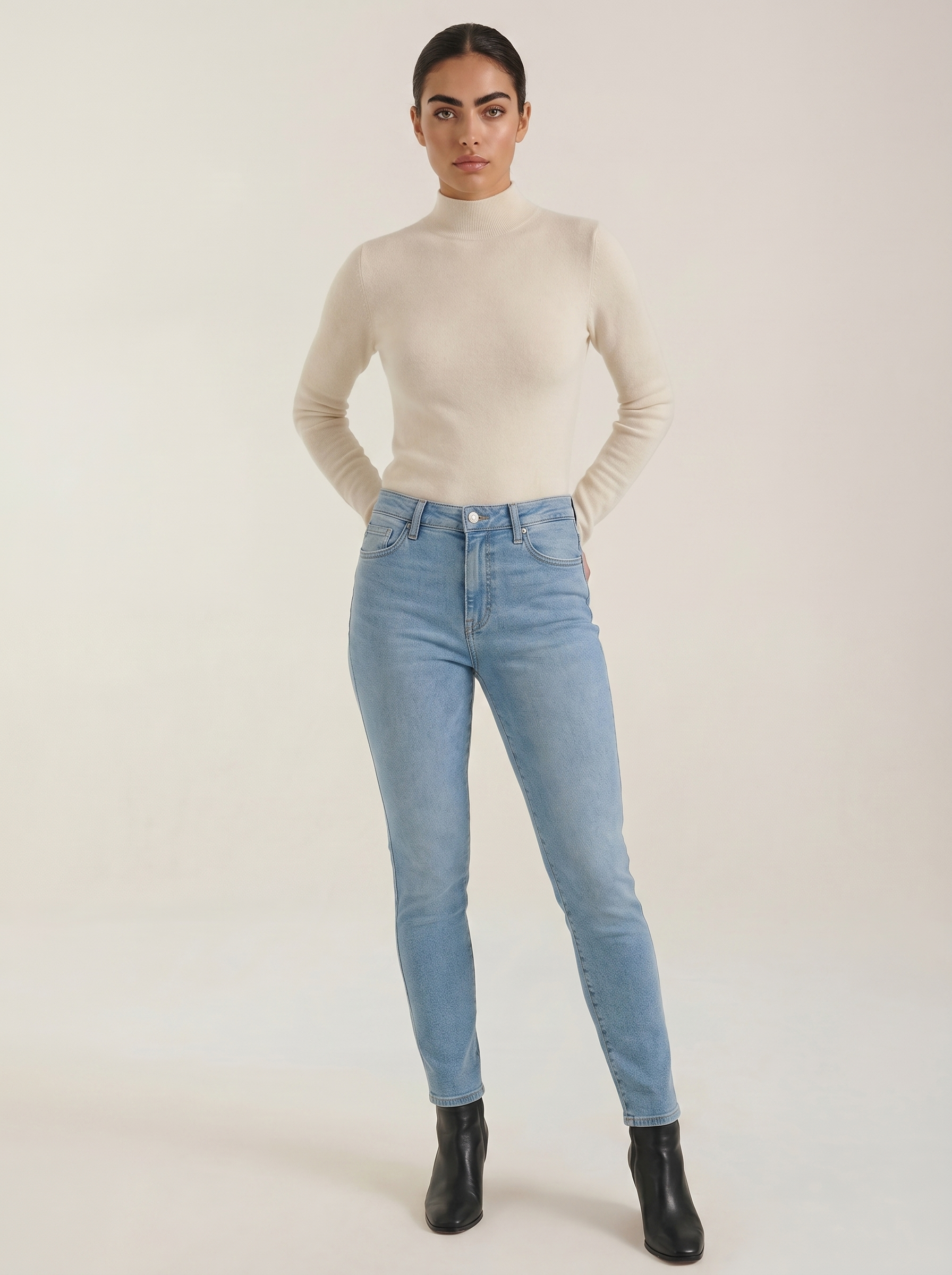 Beige cotton mock neck top with long sleeves and slim fit
