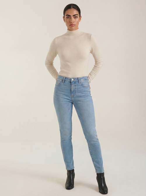 Beige cotton mock neck top with long sleeves and slim fit