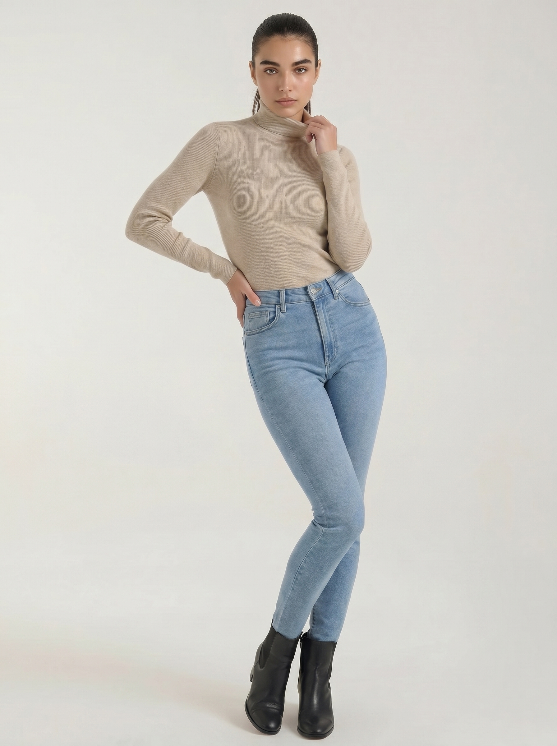 Beige cotton mock neck top with long sleeves and high neckline
