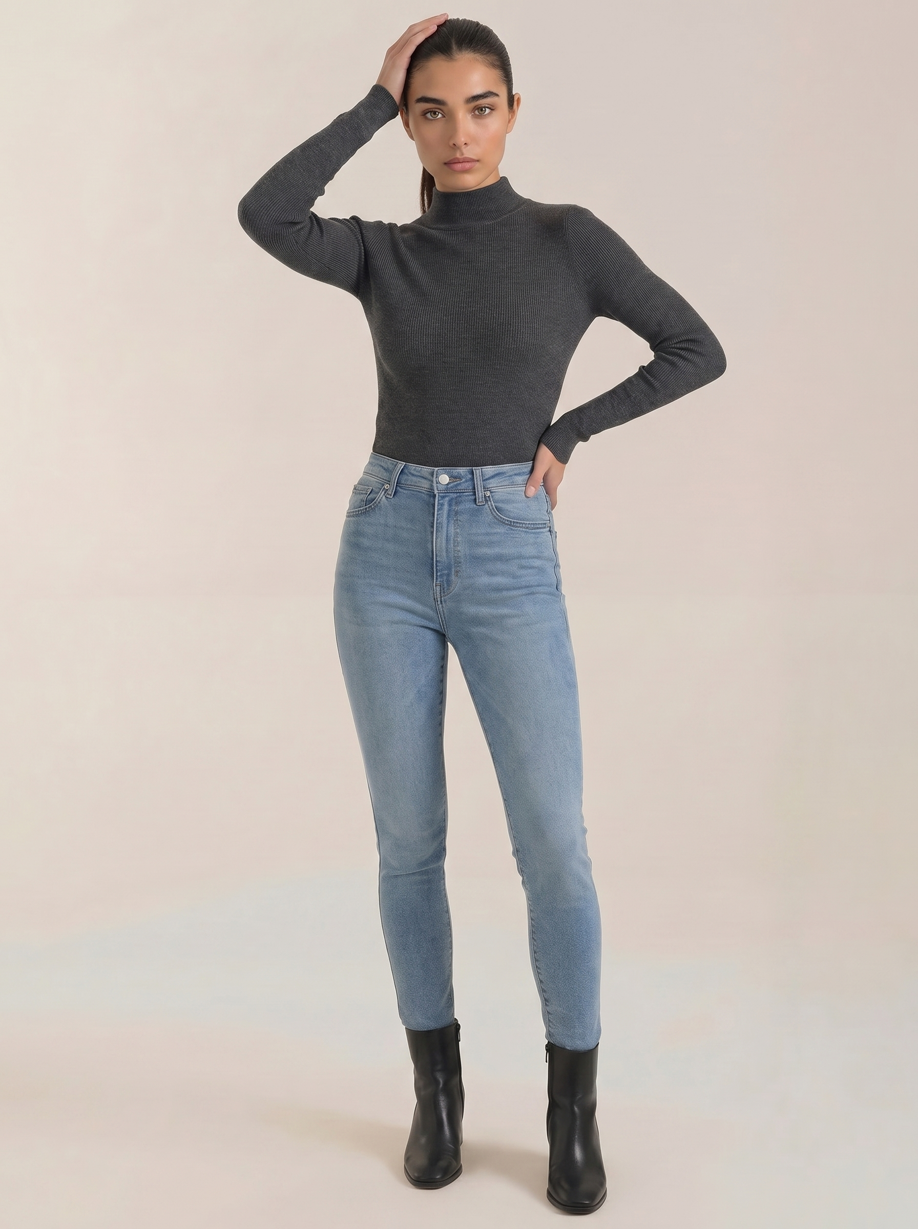 Charcoal cotton mock neck top with long sleeves and fitted ribbed knit