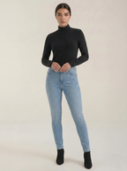 Black cotton mock neck top with long sleeves and slim fit