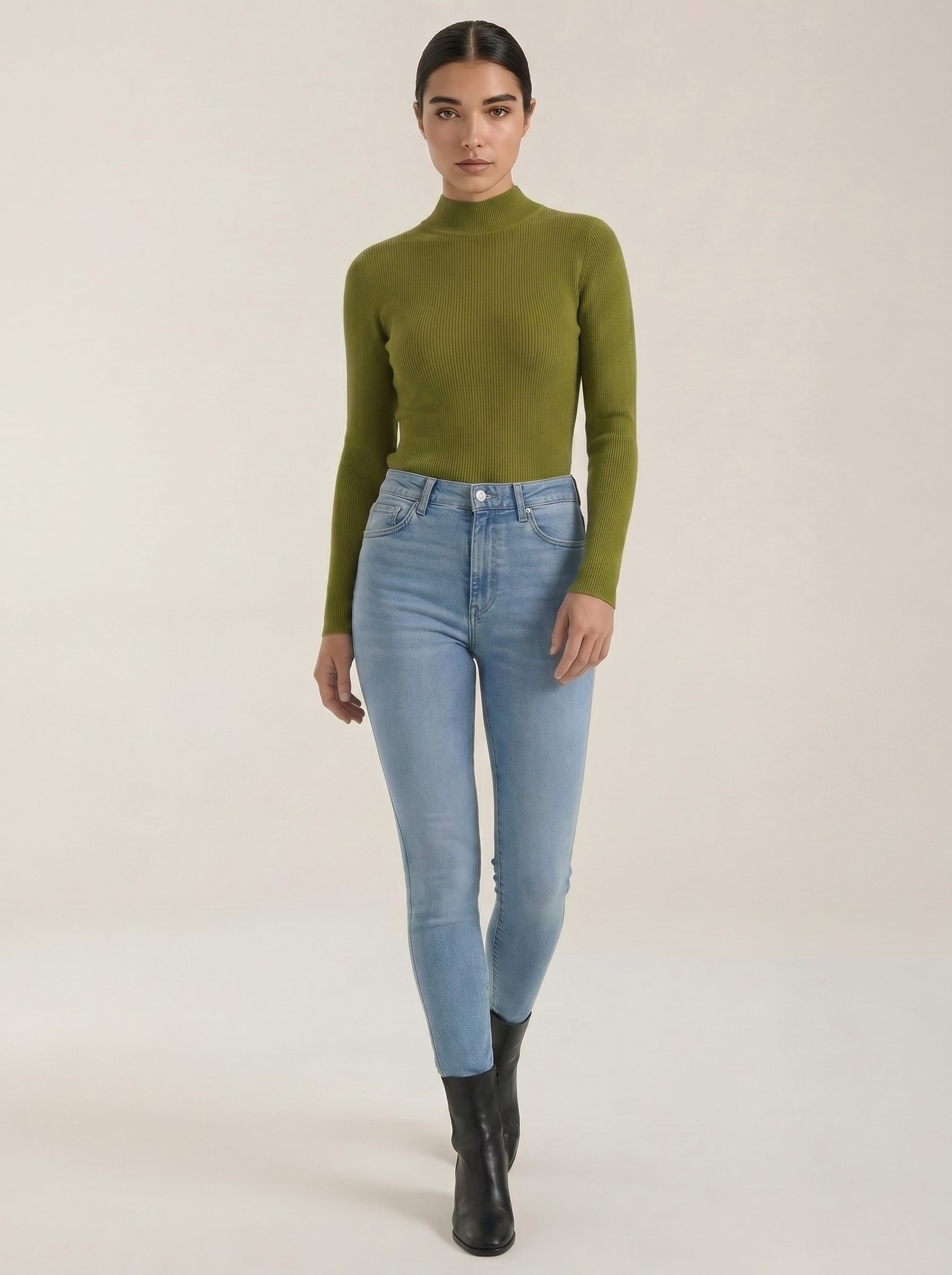 Olive green cotton mock neck top with long sleeves and fitted waist