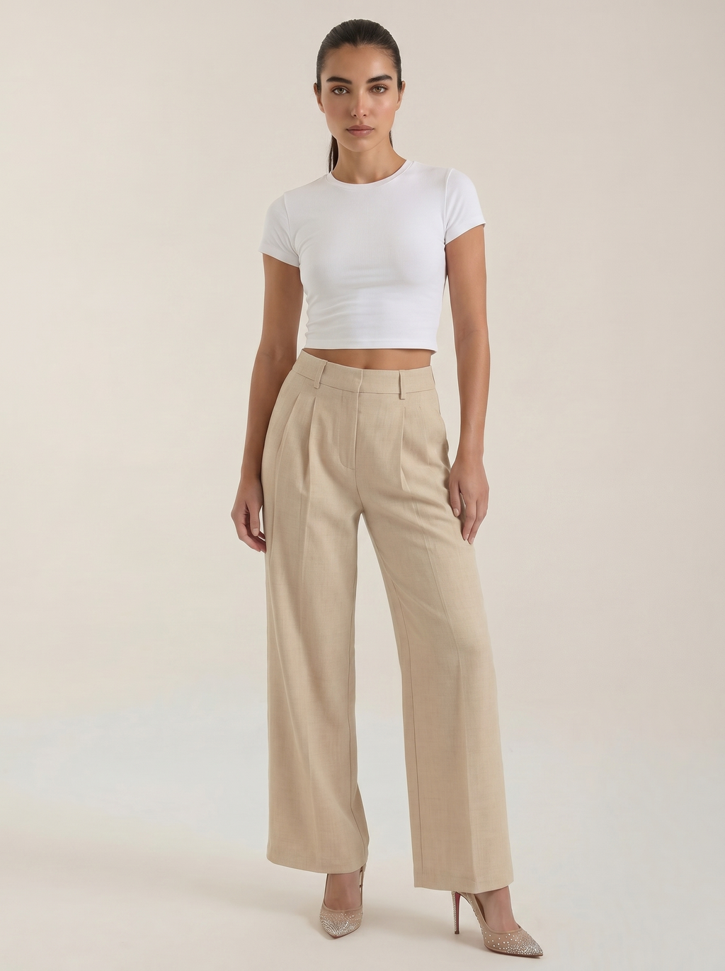 Women’s pleated high-rise wide-leg pants, beige with wide cropped legs