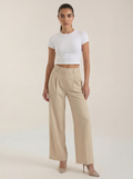Women’s pleated high-rise wide-leg pants, beige with wide cropped legs