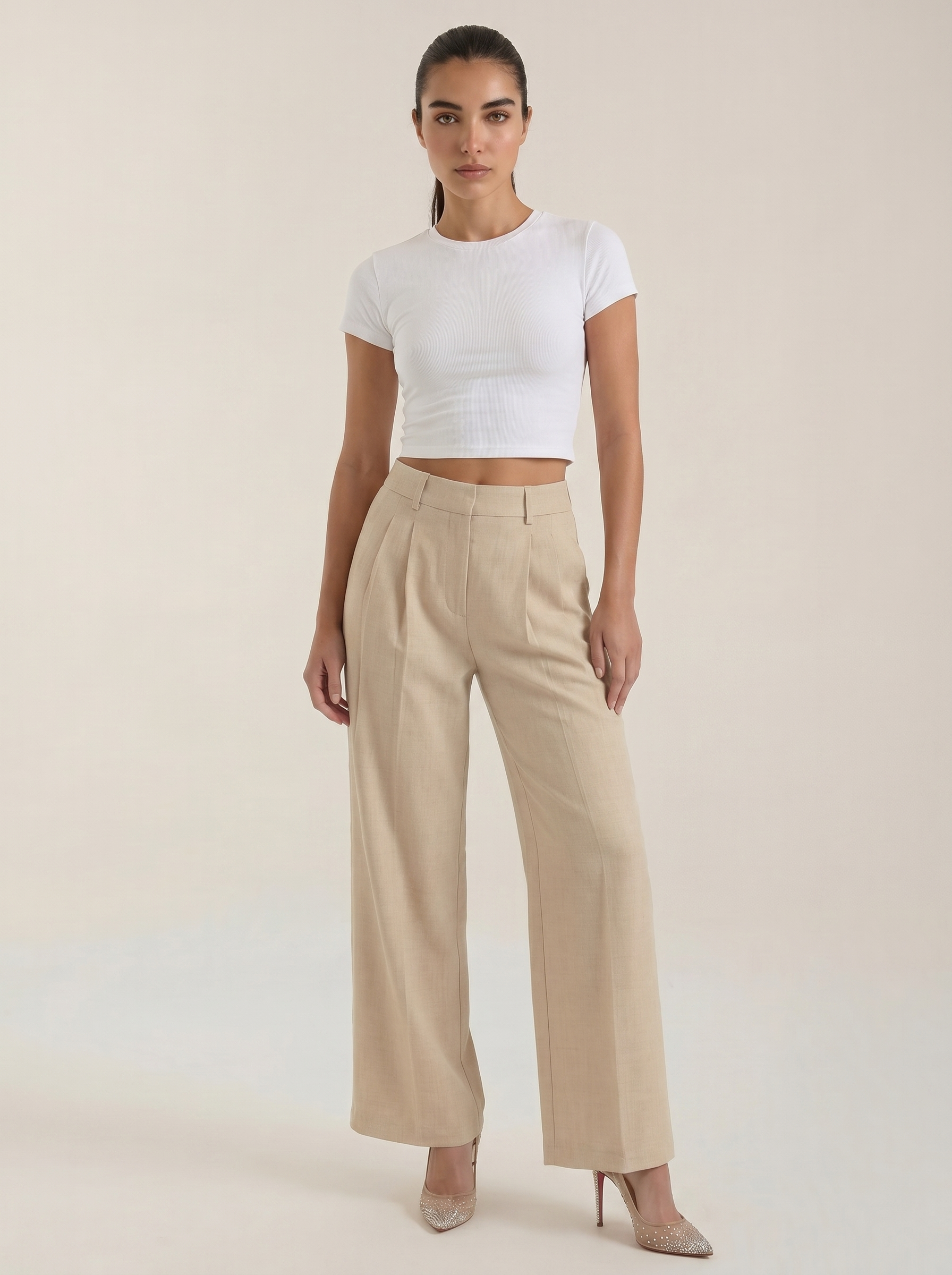 Women’s pleated high-rise wide-leg pants, beige with wide cropped legs