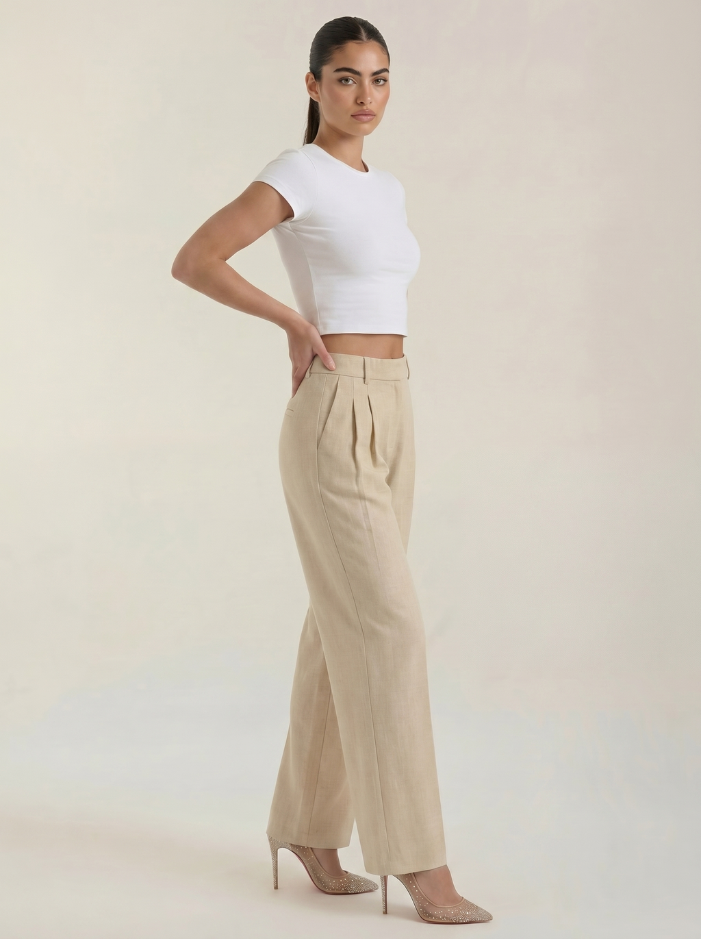 Women’s pleated high-rise wide-leg pants, beige with tailored pleats and cuffs
