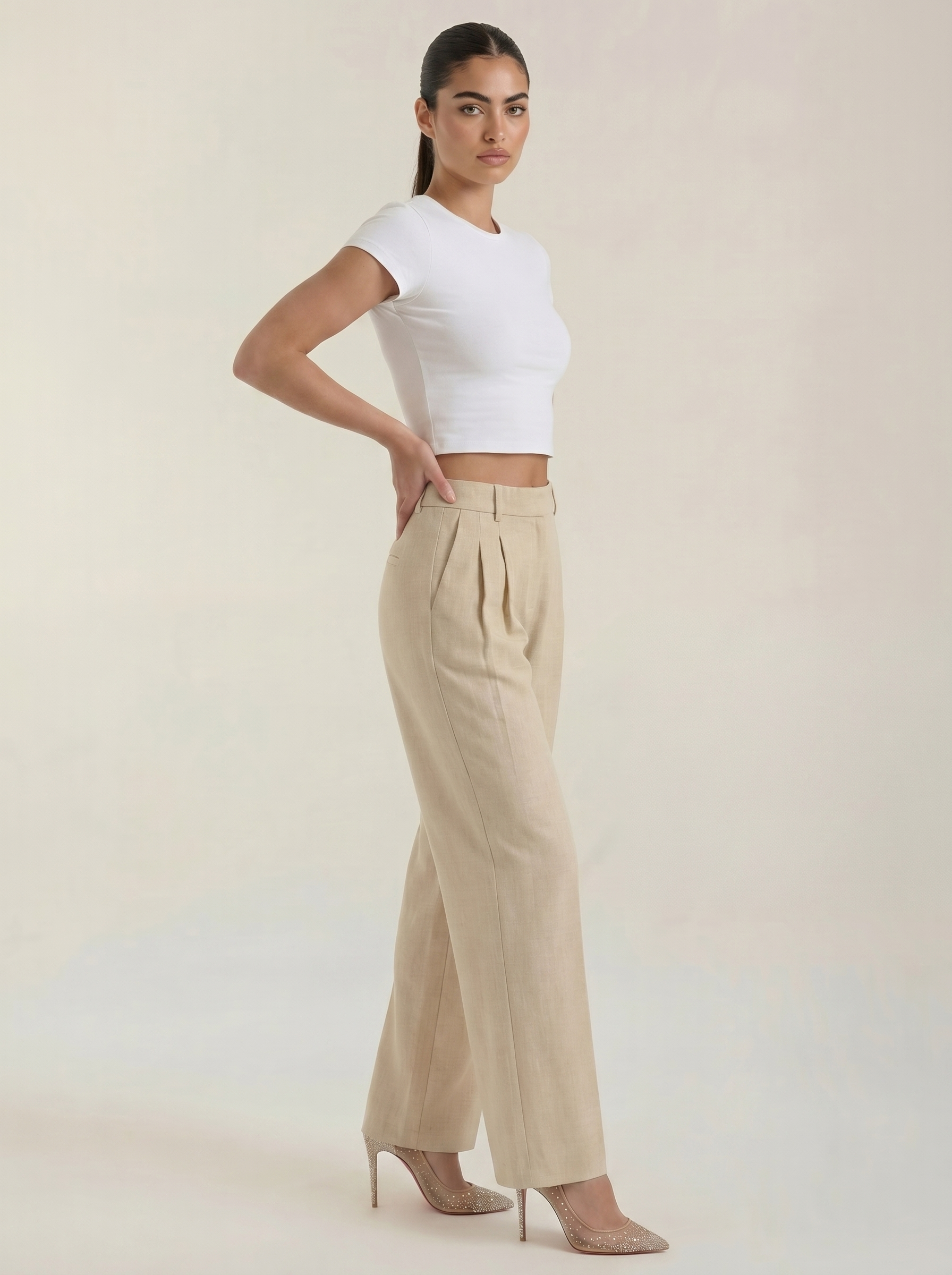 Women’s pleated high-rise wide-leg pants, beige with tailored pleats and cuffs