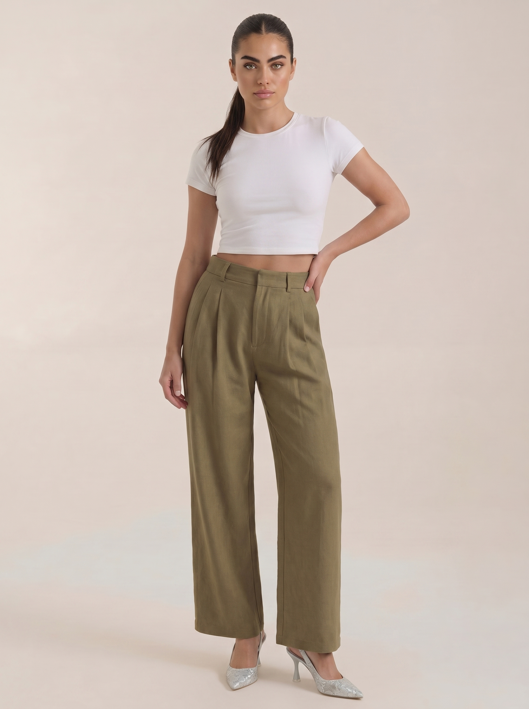 Women’s pleated high-rise wide-leg pants, olive green with relaxed wide legs