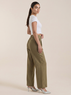 Women’s pleated high-rise wide-leg pants, olive green in side profile