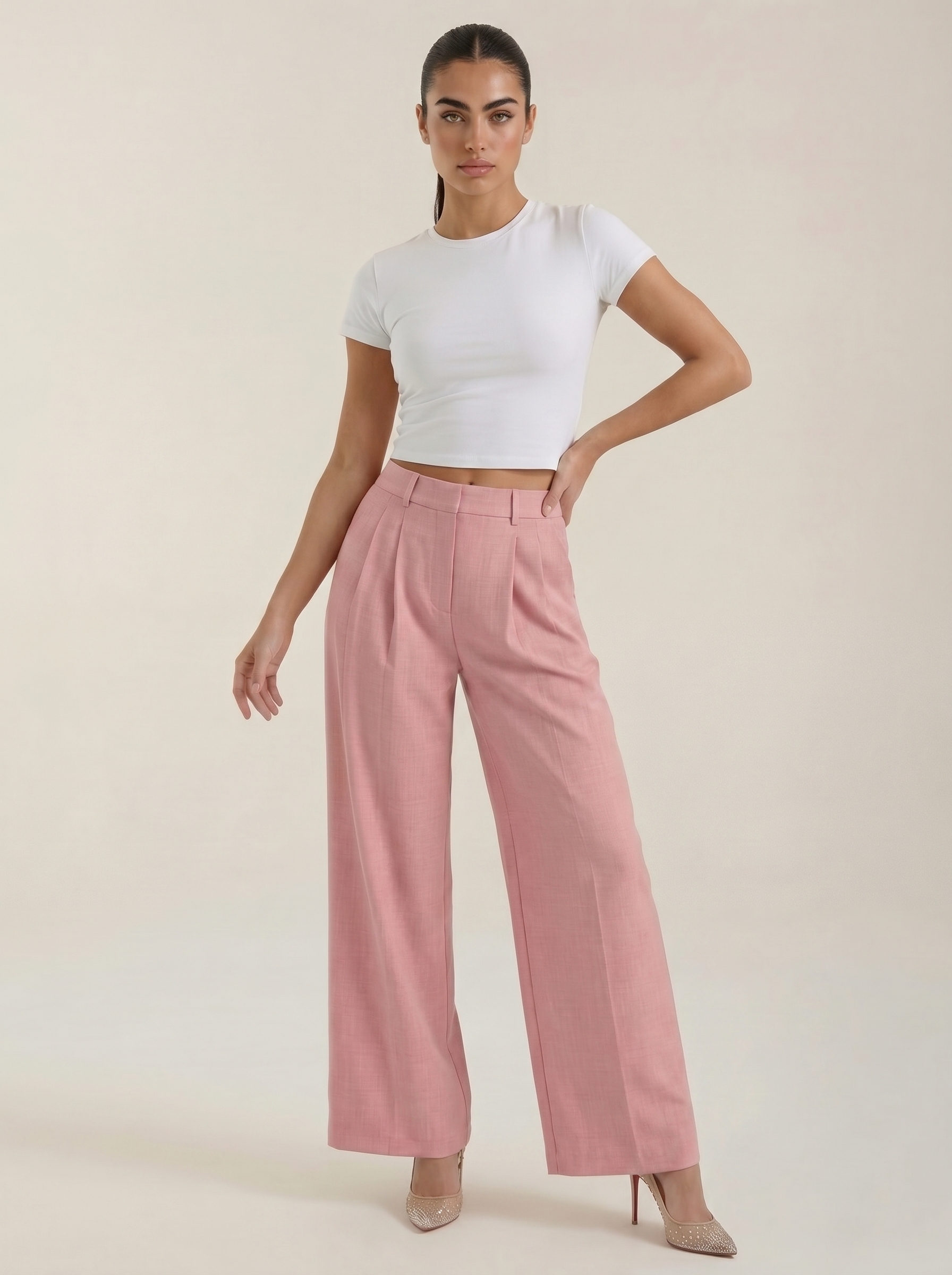 Women’s pleated high-rise wide-leg pants, dusty pink with front pleats