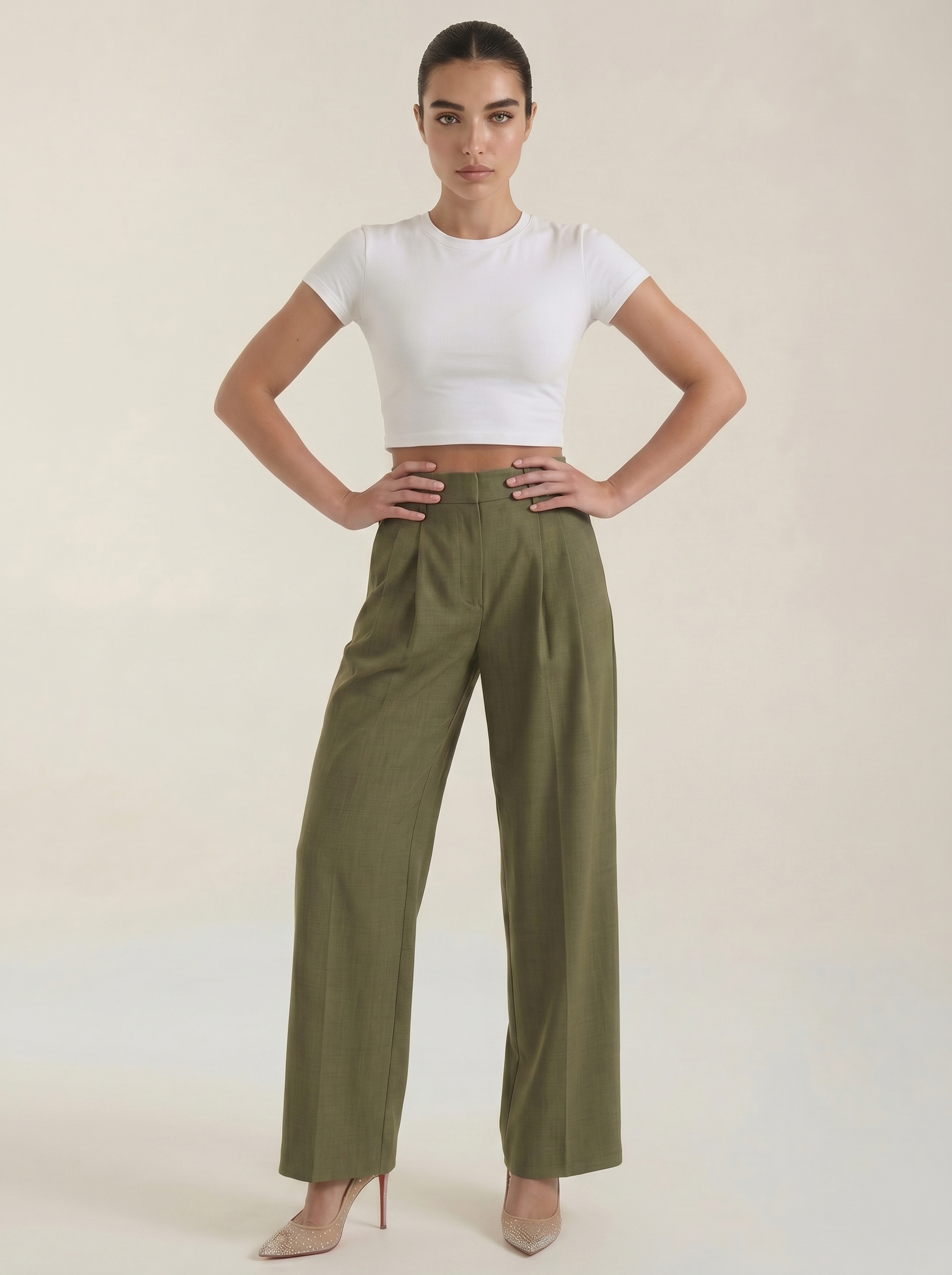 Women’s pleated high-rise wide-leg pants, olive green with wide cropped silhouette