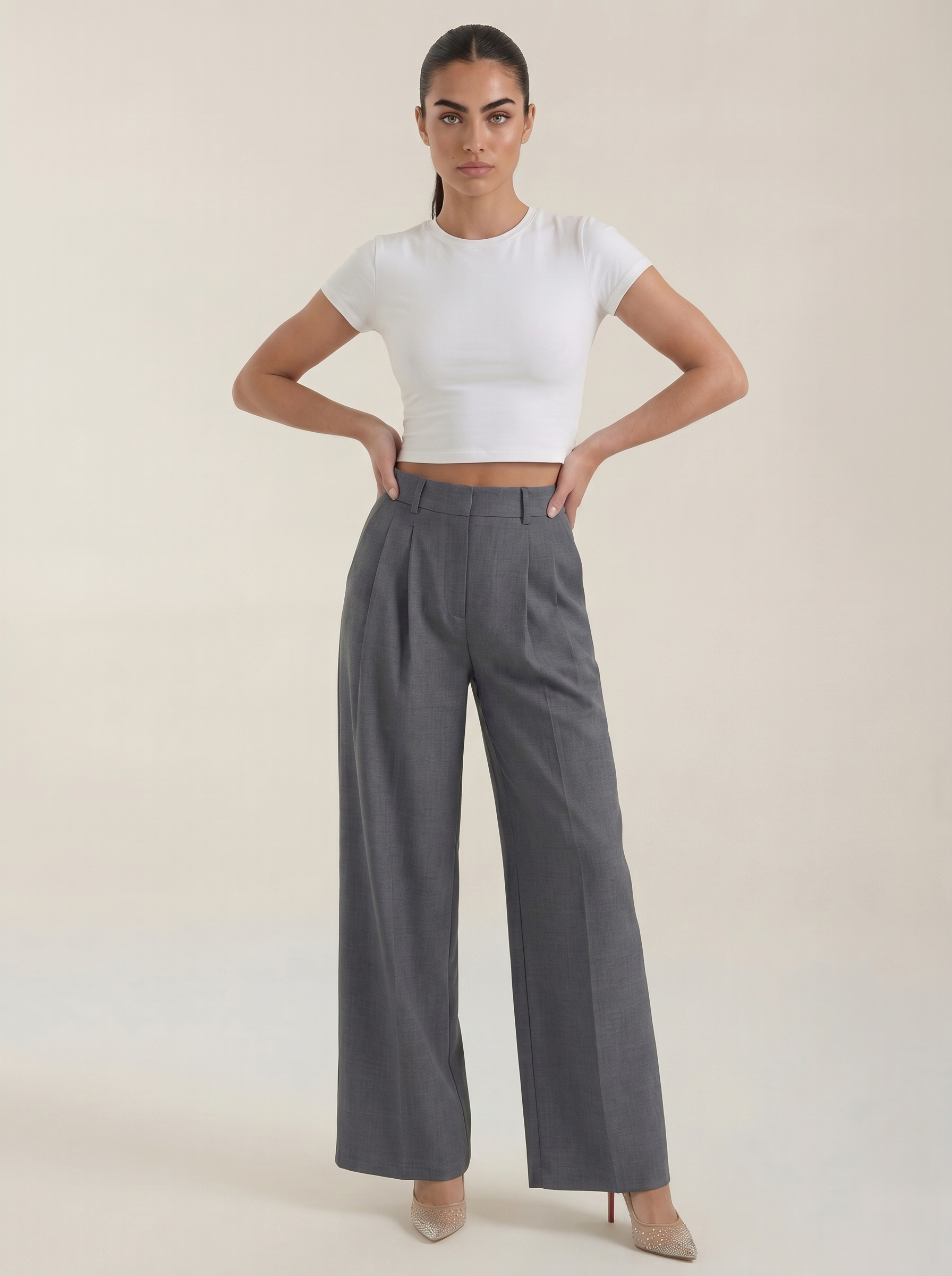 Women’s pleated high-rise wide-leg pants, dark gray with front crease seams